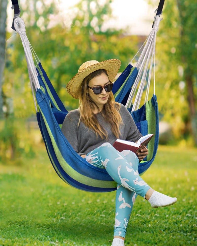 Halalona Hammock Chair Hanging Hammock Chair Rope Swing 2 Cushions Included-Sturdy & Durable Soft Cotton Hand Woven Hammock Swing for Bedroom, Porch, Patio-Indoor/Outdoor - Image 4